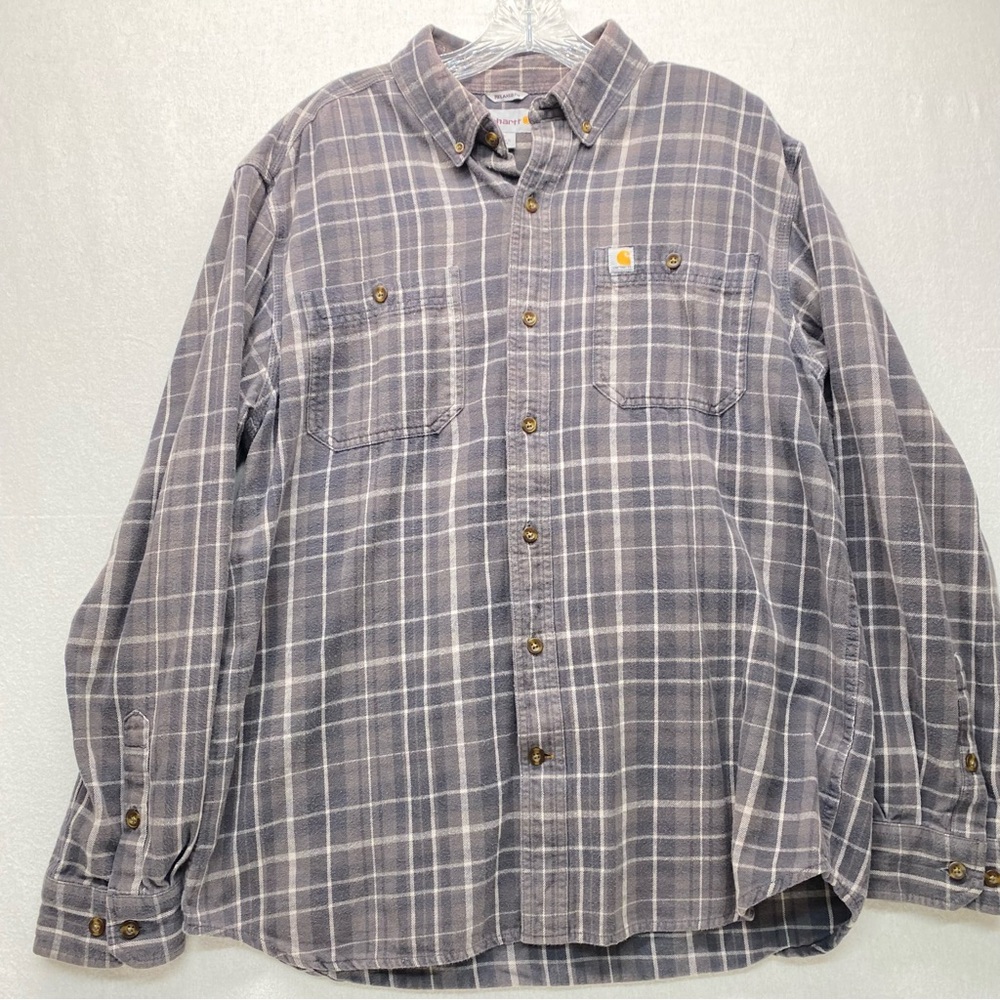 Carhartt Gray Plaid Relaxed Fit Large Button-Down Shirt Chest Pocket Workwear